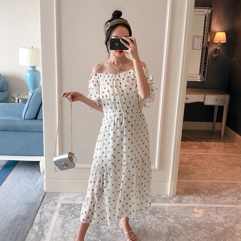 

8106# Sweet Dot Printed Chiffon Maternity Long Dress Summer Korean Fashion Clothes for Pregnant Women Pregnancy Drop Shipping