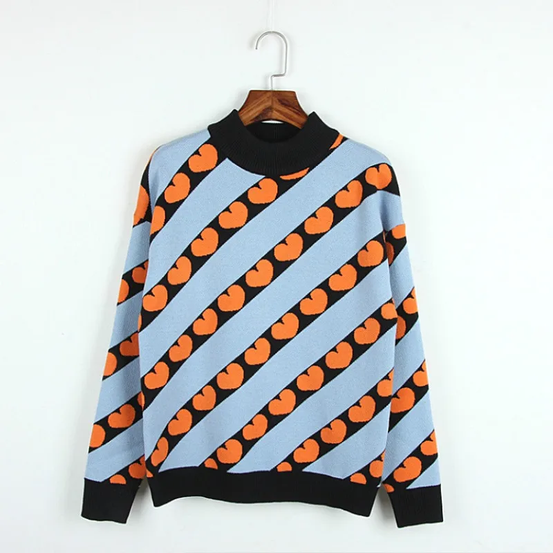 

Runway Striped Heart Shaped Sweaters For Women Turtle Neck Pullover Autumn Winter Basic High Street Tops Knitted Jumper High End
