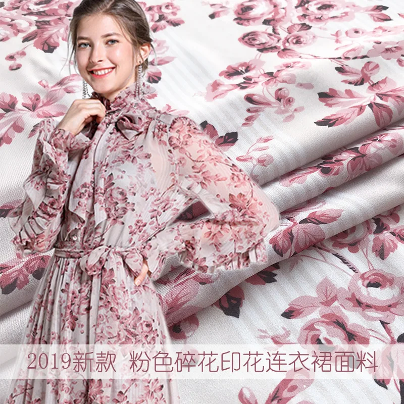 

2019 new pink floral print dress shirt fabric spring and summer polyester printing fashion micro-transparent hot 145cm wide