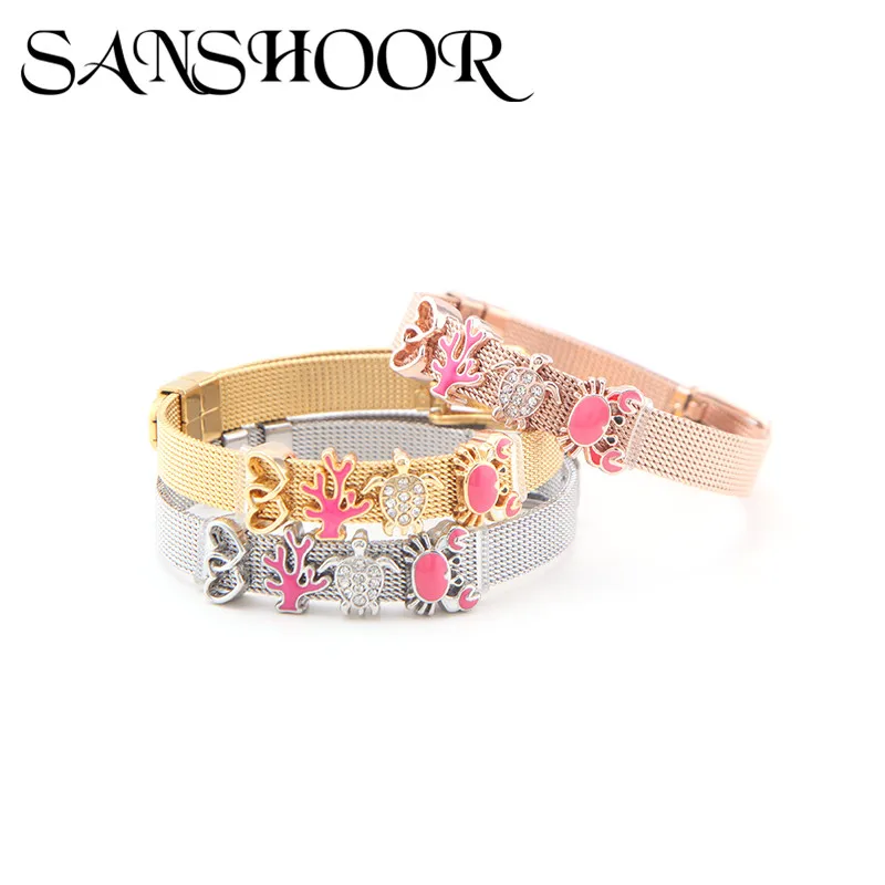 

SANSHOOR Stainless steel DIY Mesh Bracelet with Hollow Round Love and Ocean Themes Slide Charms for Kids Teenager and Women