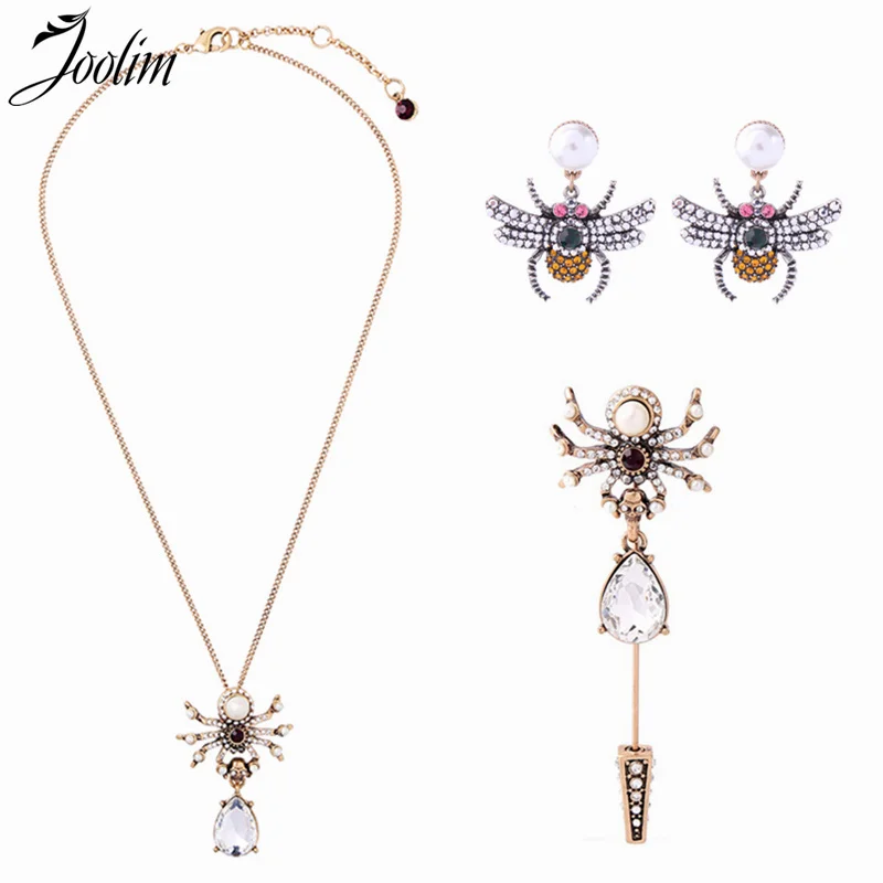 

JOOLIM Cute Pearl Spider Necklace Earring Brooch Jewelry Set Insect Jewelry