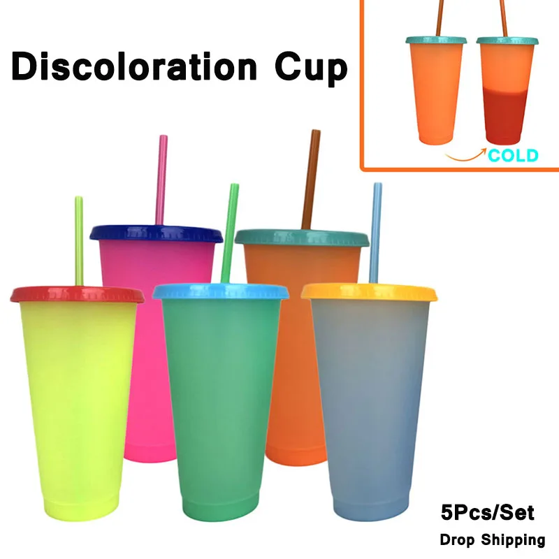 

700mL Plastic Temperature Change Color Cups 5Pcs/Set Colorful Cold Water Color Changing Coffee Cup Mug Water Bottles With Straws