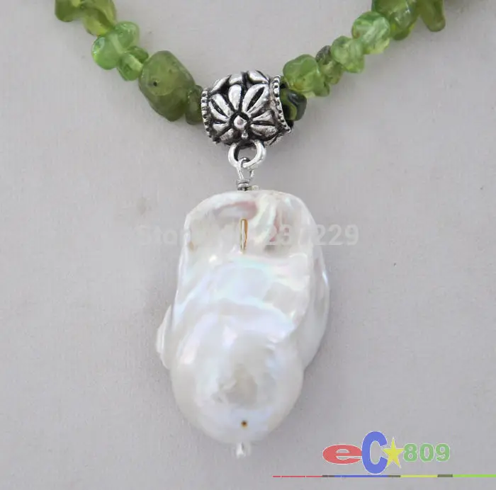 

Wholesale price ^^^16" 22mm white baroque keshi reborn pearl pendant olivine NECKLACE