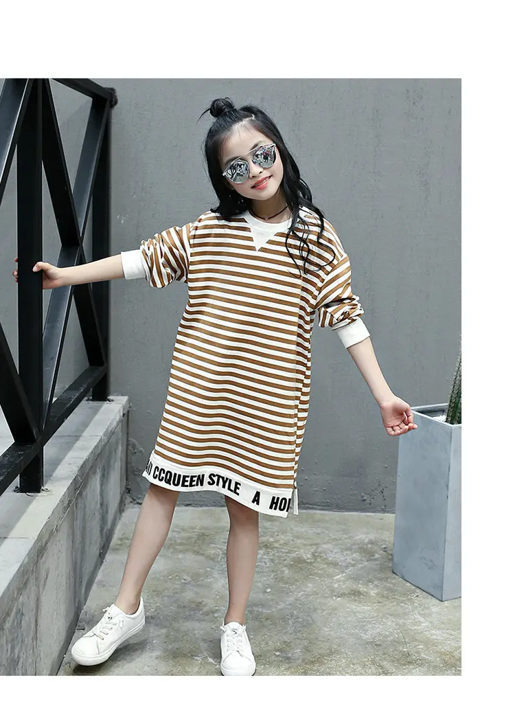 Children's dress Girls Spring and Autumn striped letter in the long casual blouse shirt Middle school student clothes