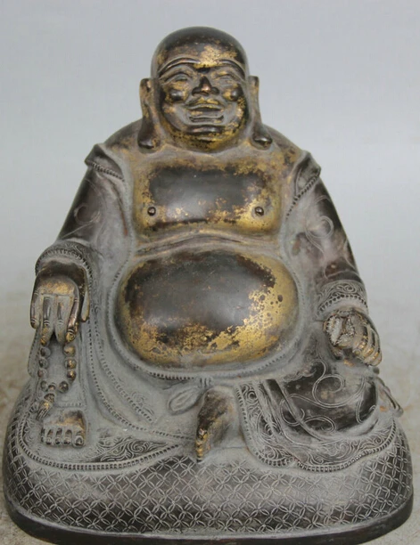 

dr524 8" Chinese Buddhism Bronze Gild Seat moneybag Happy Laugh Maitreya Buddha Statue
