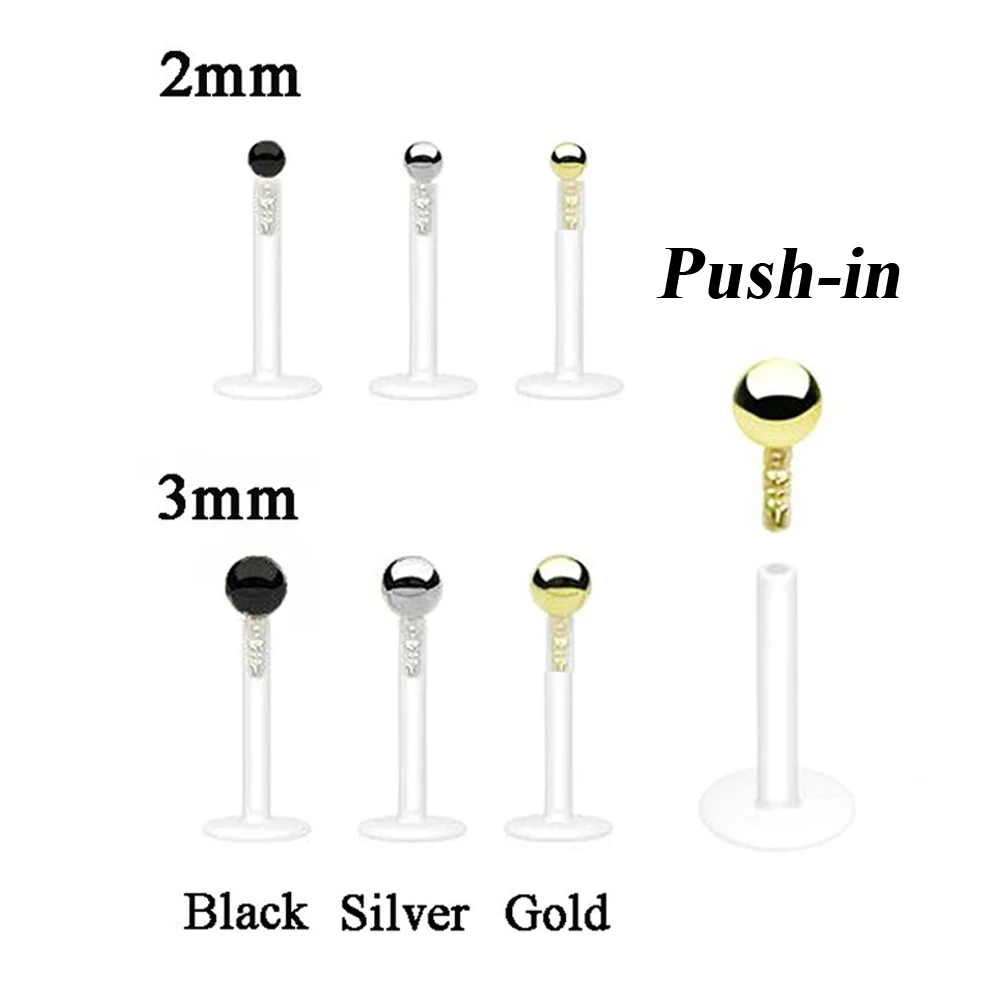 1Piece Bioplast Flexible Push-in Labret Lip Stud Black&Gold Plated Ball 16G Ear Cartilage Tragus Piercing Fashion Jewelry