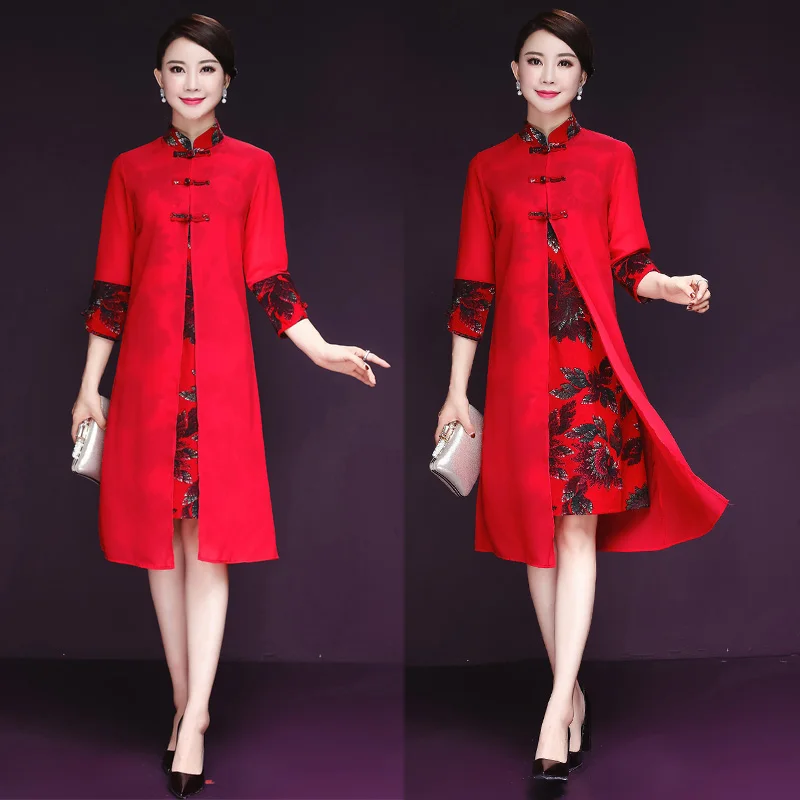 

New Autumn Vintage Women dress Mandarin Collar Print Two Improved Cheongsam Button In Long Holiday Dresses Red Blue 6680