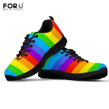 

FORUDESIGNS Rainbow Stripe Pride Pattern Woman Fats Shoes Breathable Lightweight Female Summer Lace Up Sneakers Casual Footwear