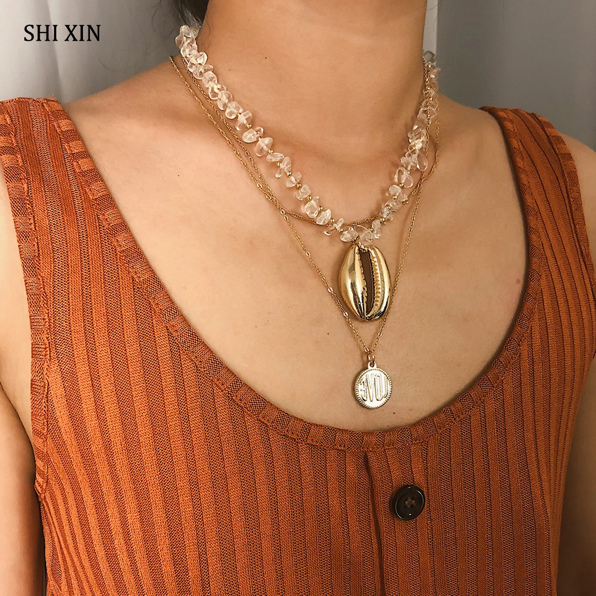 

SHIXIN Fashion Multi Layer Necklace 2019 Trendy Natural Stone Sea Shell Necklace for Women Big Seashell Coin Pendant Choker Neck