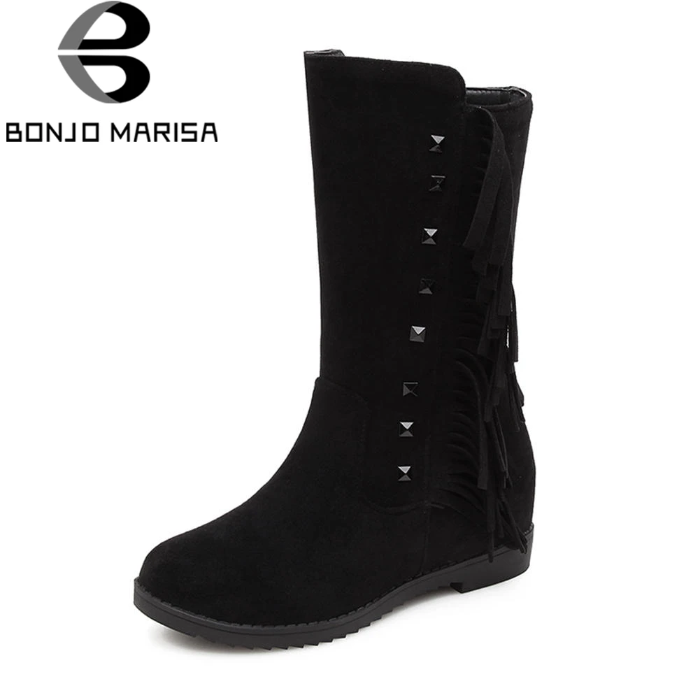 

BONJOMARISA Black Fringe mid-calf Boots Women Autumn Winter 2019 Plus Size 30-48 Rivet Platform Shoes Woman Height Increasing