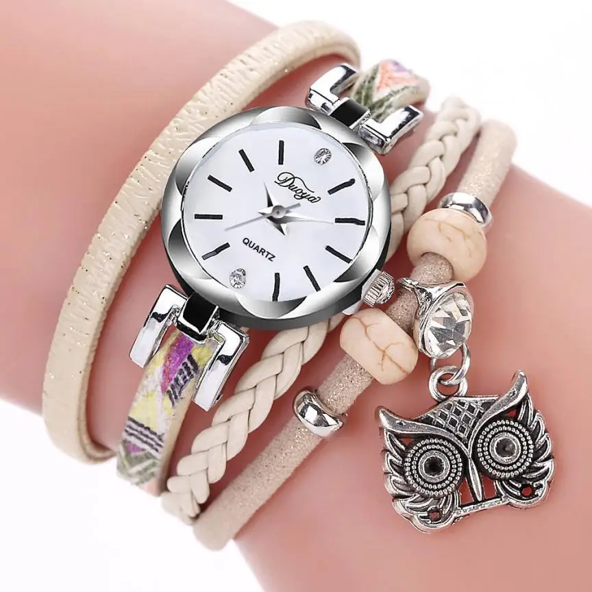 Женские наручные часы bayan kol saati из искусственной кожи, браслет с намоткой, кварцевые наручные часы в народном стиле с серебряной указкой в виде совы, женские часы - Цвет: Beige