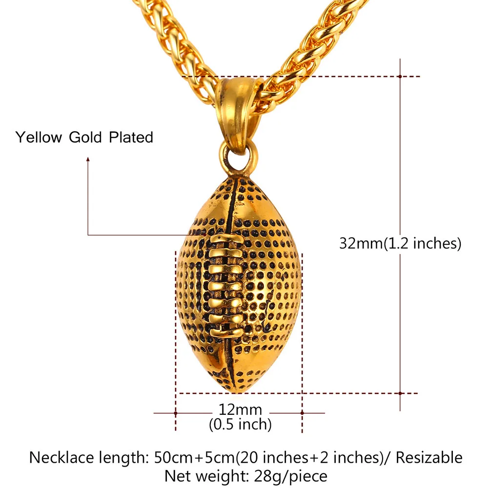 U7 Мяч Тренировки Украшения Мужчины Ожерелье Мода Позолоченный Нержавеющей Стали Американский Футбол Фитнес Подвески Ожерелья P917