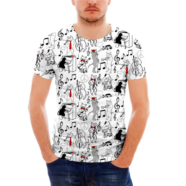 INSTANTARTS Летняя мужская футболка с 3D рисунком кота с музыкальной нотой, футболка с коротким рукавом для мужчин, Повседневная футболка с круглым вырезом - Цвет: HK7009CF