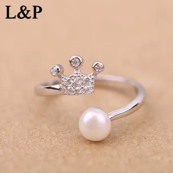 

L&P Elegant Crown Natural Pearl Ring 100% Sterling Silver Ring For Women Men, Hot Fine Jewelry Wholesale For Christmas Gift