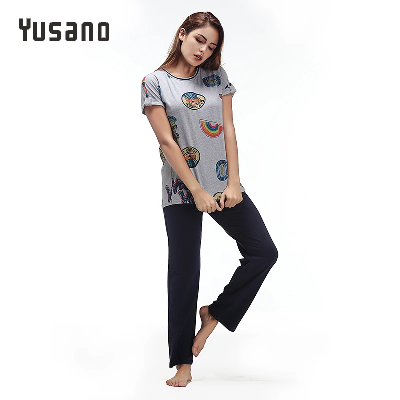 

Yusano 2017 Sleepwear Cotton O neck Short Sleeve Pijama De Unicornio Cute Print Blue Grey (T shirt +Long Pants) Sleep Nightwear