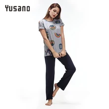 Yusano 2017 Sleepwear Cotton O neck Short Sleeve Pijama De Unicornio Cute Print Blue Grey (T shirt +Long Pants) Sleep Nightwear