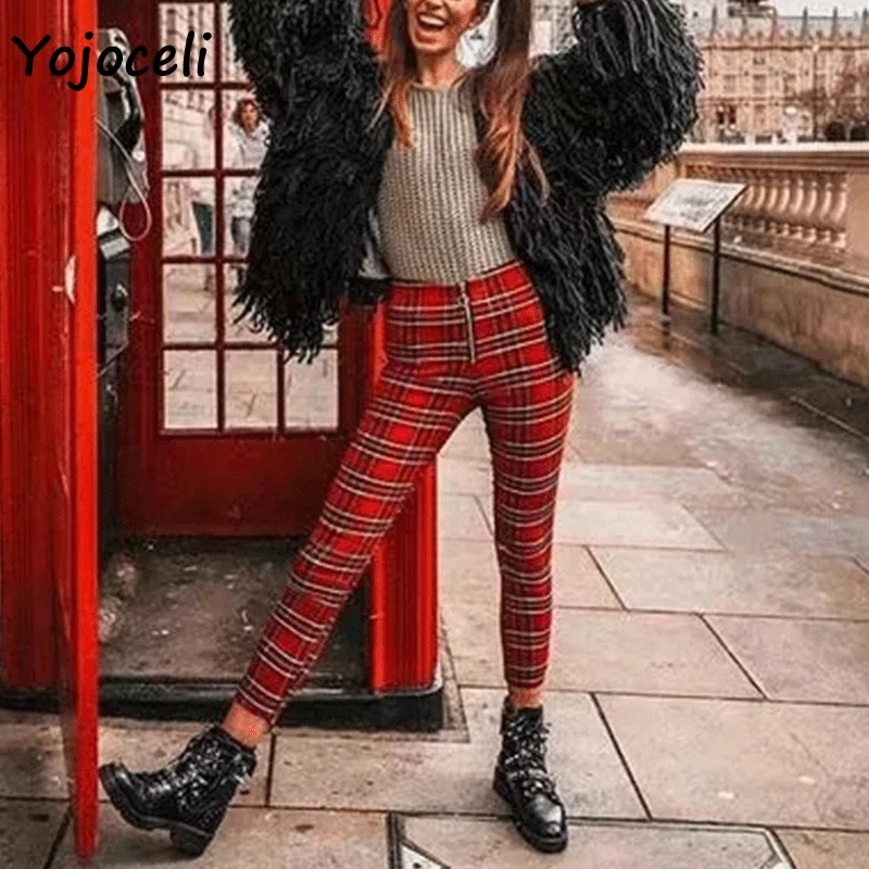 

Yojoceli casual high waist pencil pants women bottom streetwear plaid trousers pants 2019 new