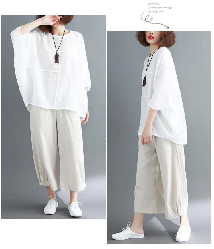 LZJN Summer Women Fashion Shirt Solid White Black Color Oversize Loose Tops Batwing Sleeve Casual Cotton Linen Blouse Plus Size (9)