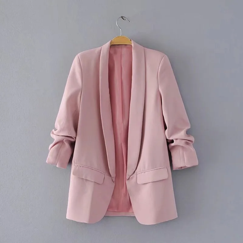 Notched elegant Roll sleeve Blazer women solid streetwear pocket Lady office casual mujer feminino tops 2019 fashion clothing