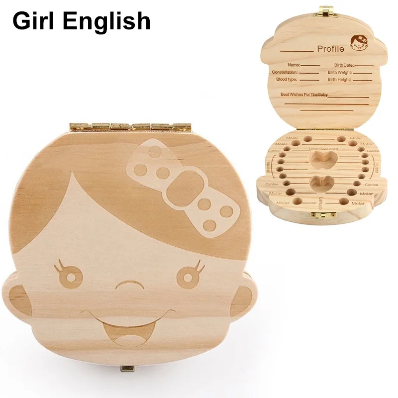 

2020 Tooth Box Portugue / Spanish/English/Dutch/French/Russian/ Italian Wood Tooth Box Organizer Milk Teeth Wood Storage box
