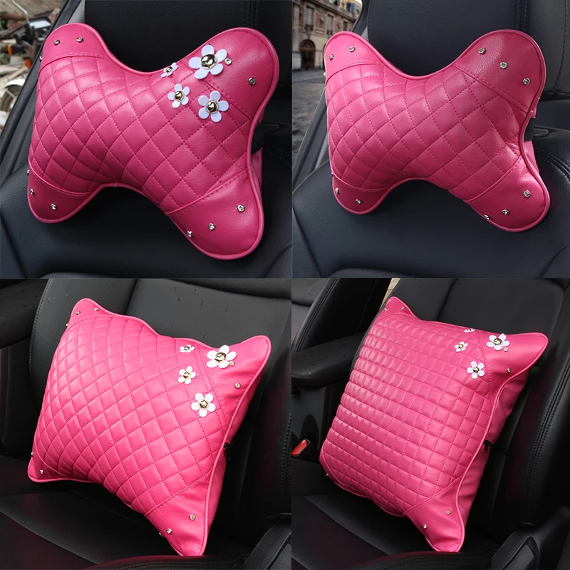 Flower Diamond Crystal Head Pillow Car Neck Pillow Leather Waist Supports Pink Black Seat Rest