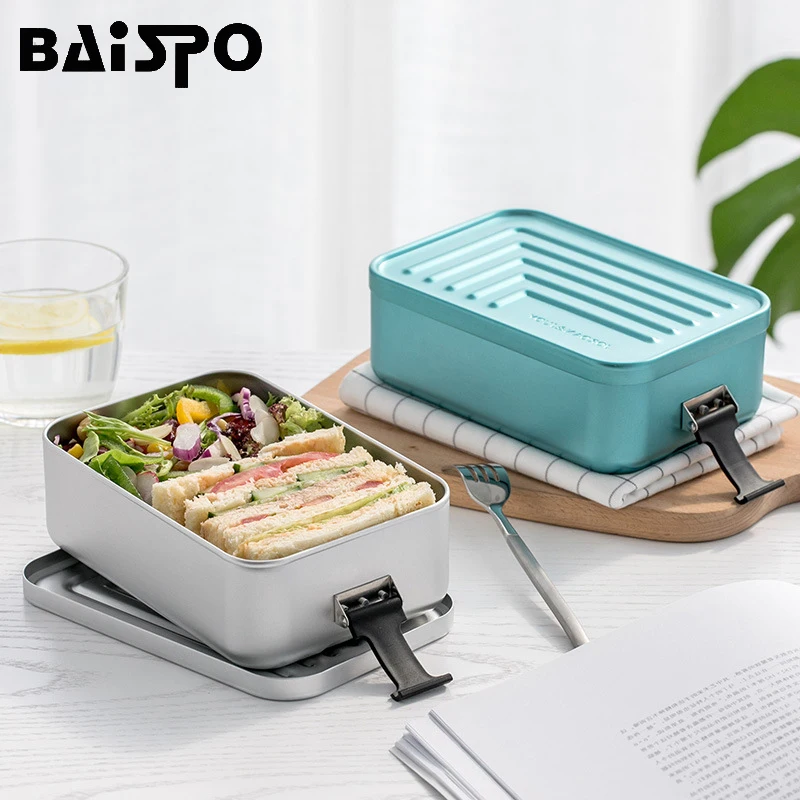 

Baispo Portable Outdoor Student Picnic LunchBox Aluminum Lunch Box Fruit Storage Container Two Buckles Rectangle Food Container