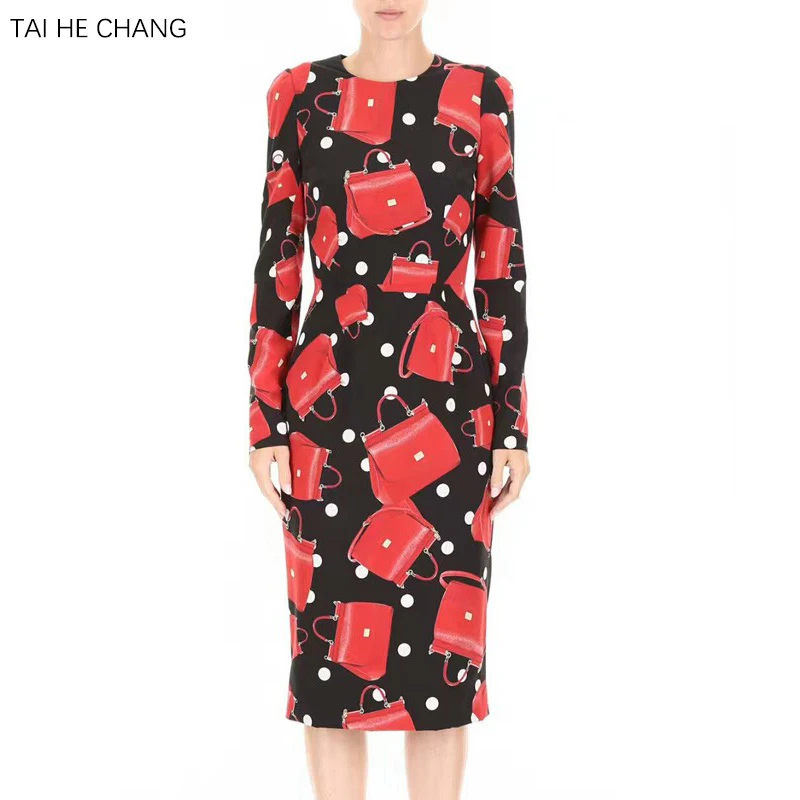 

women dress new spring fashion high-end elegant slim sheath bodycon vintage party runway long sleeve print bag work OL dress