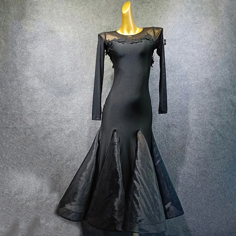 

New Ballroom Dance Competition Dresses Elegant Black Waltz Dress Long Sleeve Dress Big Hem Womens Ballroom Dresses VDB506