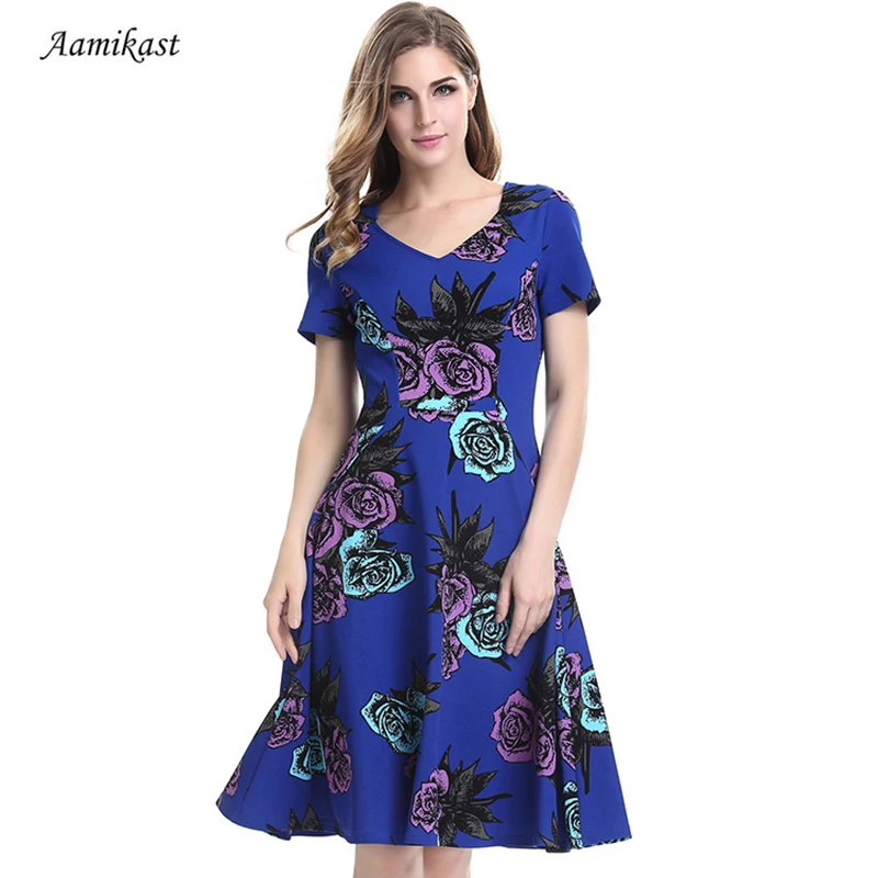 

AAMIKAST Women Dresses New Summer 2019 V-neck Print Short Sleeve Retro Rockabilly Floral Swing Bowknot Tunic Vestido Plus Size