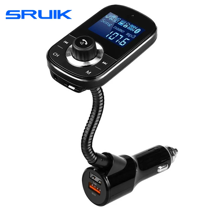 

SRUIK Wireless in-Car Bluetooth FM Transmitter Radio Adapter Car Kit Dual USB Quick Charge AUX Input TF Card Hands-free Calling