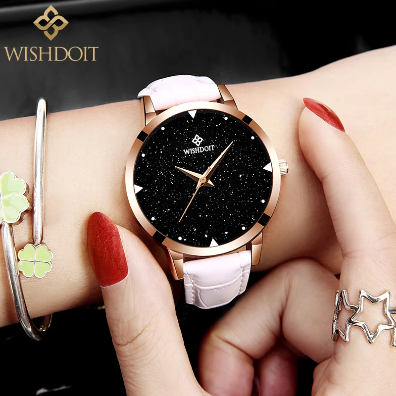 Wishdoit мода Звездное небо дамы наручные Часы кожаный ремешок для часов женские кварцевые часы со стразами женские наручные часы Montres Femmes