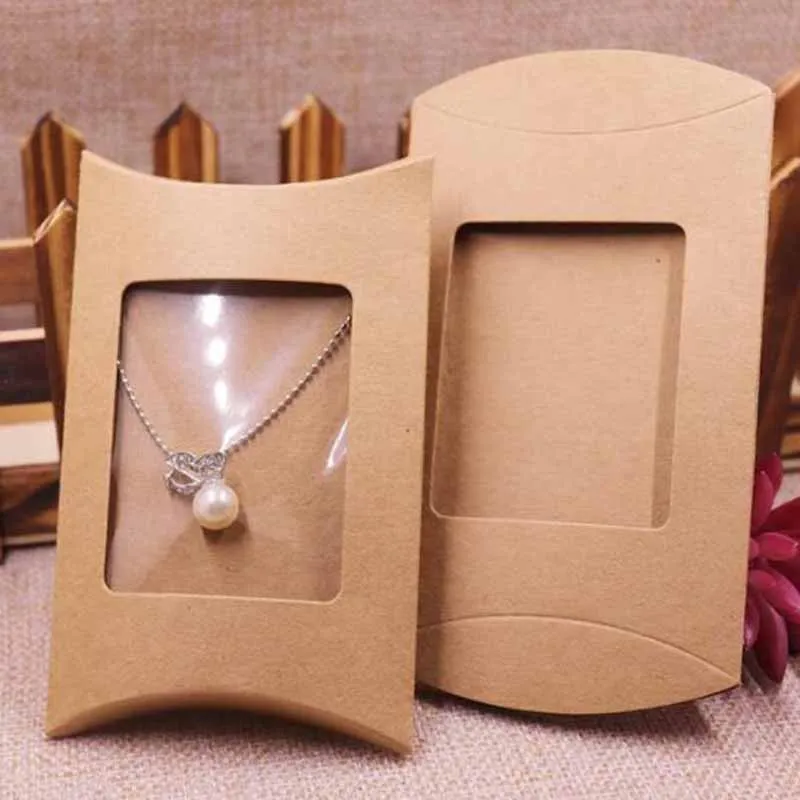 10 шт коробка и 10 внутренних карточек Новинка Сделай Сам крафт-бумага окно подушка коробка ожерелье ювелирных изделий дисплей прозрачный ПВХ Подушка Коробка - Цвет: Brown