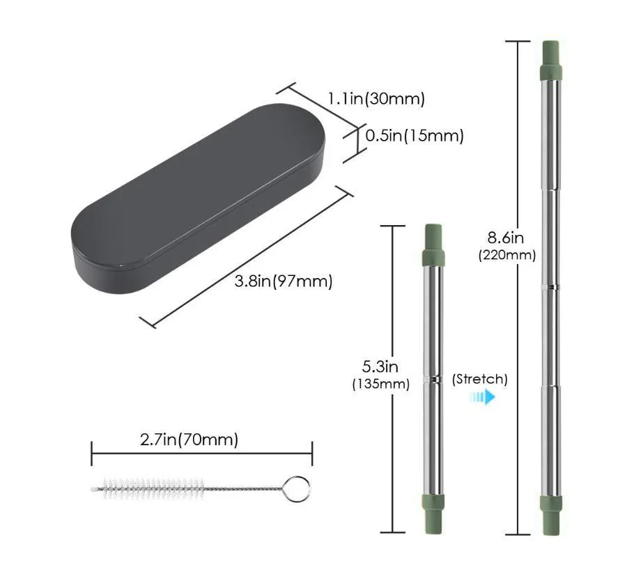EIMAI многоразовый складной стакан соломинки Телескопическая из нержавеющей стали металлическая соломинка Регулируемая соломинка с коробкой для хранения кистей A03