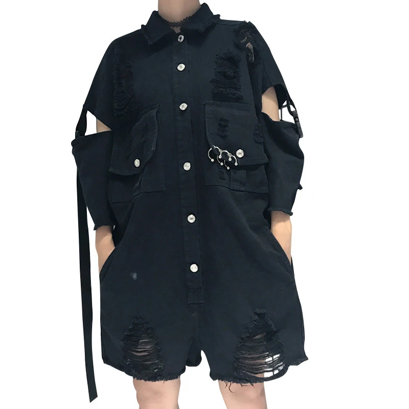 

2017 New High Street Summer And Autumn Hole Seven Short-Sleeved Jacket Denim Jacket Jumpsuits Siamese Trousers BF Men and Women