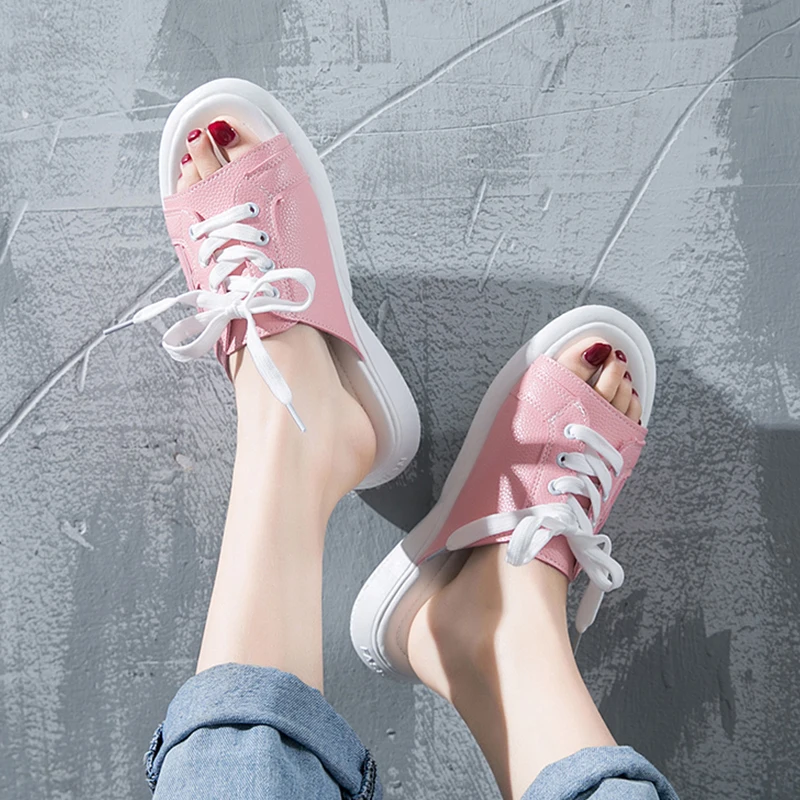 

Shoes Woman White Slippers Outside Summer Open Toe Lace Up Flat 3.5cm Non- Slip Damping Beach Women Shoes Mules 2019 New