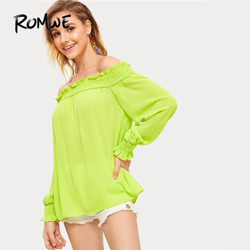 

ROMWE Boho Neon Lime Shirred Trim Ruffle Off Shoulder Chiffon Blouses Women Long Lantern Sleeve Blouse Vacation Tops Clothing