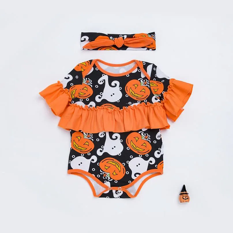 Halloween Newborn Baby Jumpsuit Pumpkin Prints Short Sleeves Ruffled