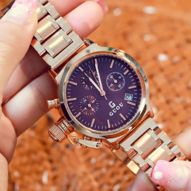Goedkoop GUOU Mode vrouwen Horloges Rose Gold Kalender Luxe Dames Horloges Vrouwen Horloge Volledige Staal Klok relogio feminino