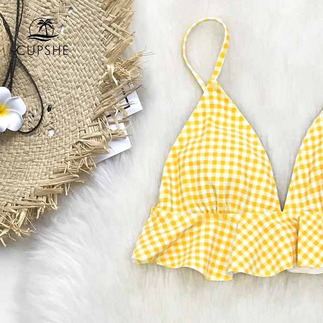cupshe yellow gingham ruffle bikini
