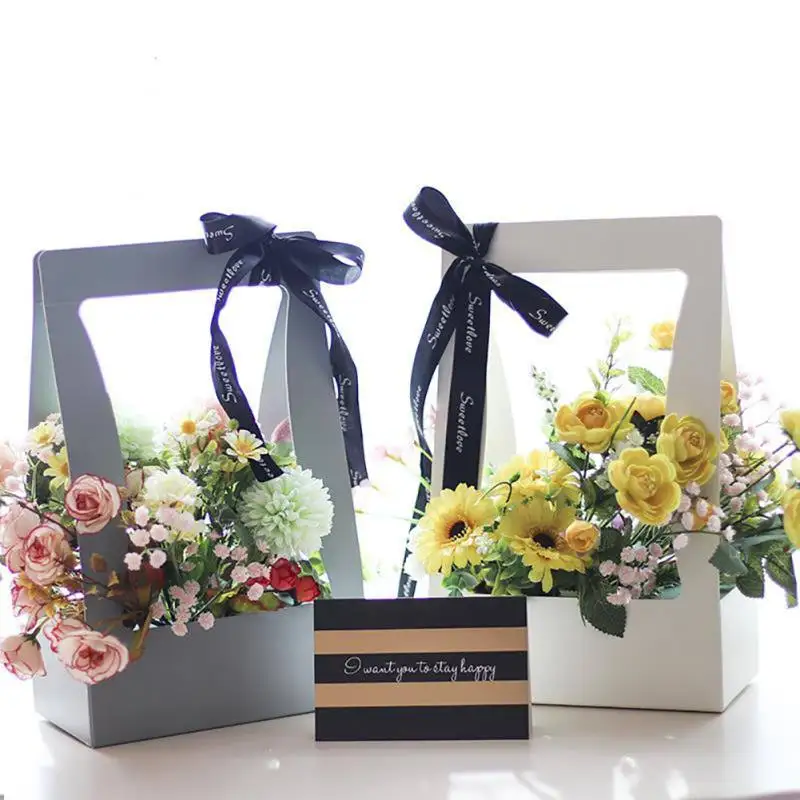 

Flower Basket Paper Carton Portable Flowers Gift Box Waterproof Fresh Flower Carrier Bag In Black Pink Stationary Packing Box
