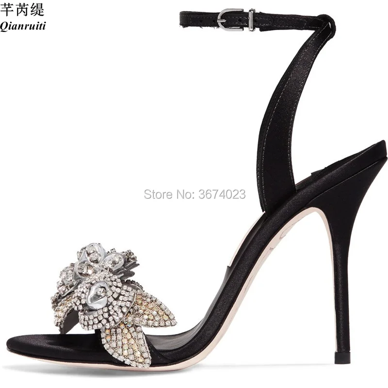 Qianruiti Tobillo Seda Sandalias Correa Alto El De Pie Abierto Flores plata rosado Del Cristal Diamantes Negro Nupcial Tacón Zapatos 2018 Dedo Mujer rojo Boda Vestido En La ZqwrZtxY