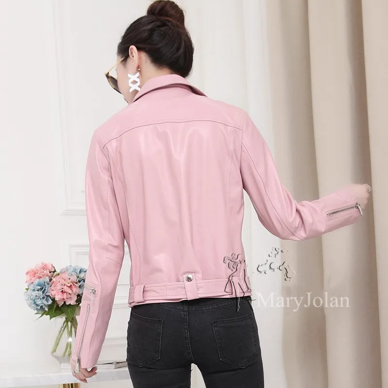 Mince Ceinture Veste En Rose Cuir De Courte Outwear Maryjolan Ol Poche Complet Solide Manches Véritable Manteau Femme Élégante 5HAqnnv