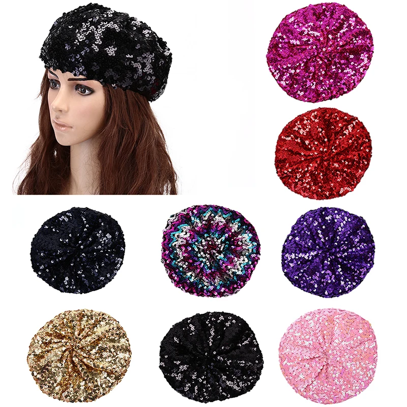Fashion Women Shiny Sequins Beret Jazz Glitter Beanie Hat Dance Round Cap Ladies Costume