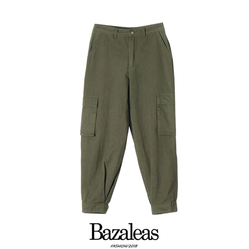 Bazaleas Vintage side Pocket Women Cargo Pants Fashion High Waist women pants harajuku pantalon femme joggers women - Цвет: W1532 green