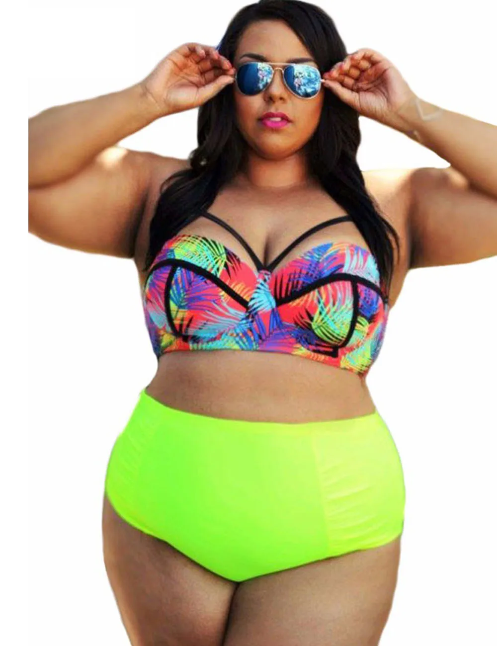 grande grande curvy ragazza stile tropicale a vita alta costume da bagno plus size due pezzi
