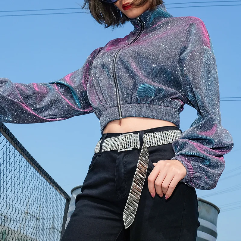 2019 Chic Women Glitter Short Jacket Shinny Front Zipper Turtleneck Korean Sliver Jacket Long Sleeve Crop Top Female Coats