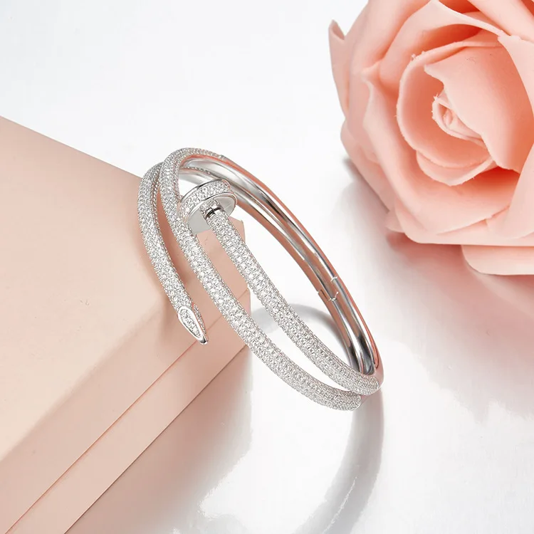 

Luxury brand pure 925 sterling silver double nail love bangle bangle for women full cz crystal personality all-match jewelry
