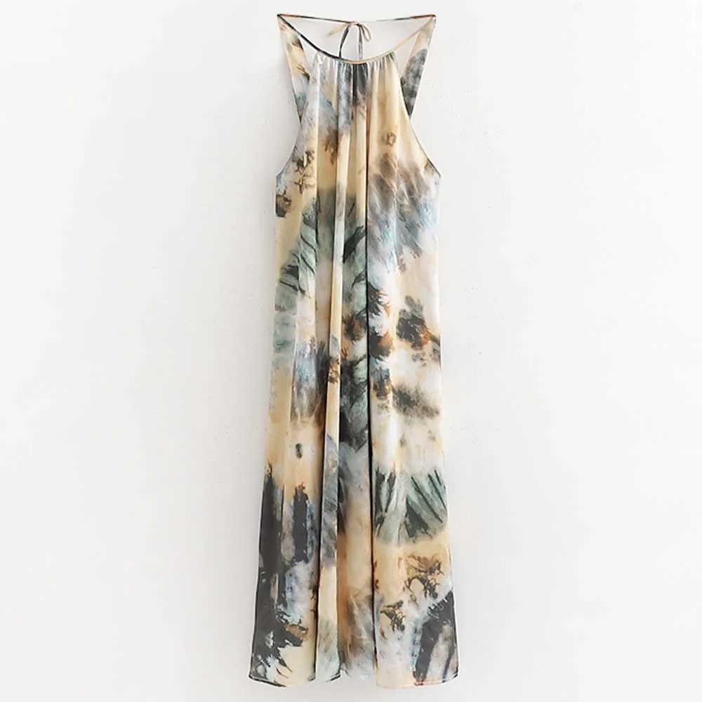 

FIRSTTO 2019 Sexy Bohemian Ink Tie-dye Print Halter Tied Bow Dress Backless Trendy Women Long Swing Dress Holiday Beach Vestido