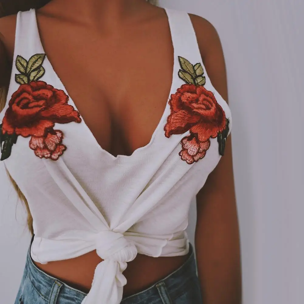 

Sexy Women's Summer Low Cut Rose Flower Embroidery Vest Sleeveless Tank Top