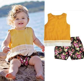 

4sets/lot toddler girls clothing sets summer sleeveless (shirt+shorts) tassel flower baby kids set 0-3T sylvia sis